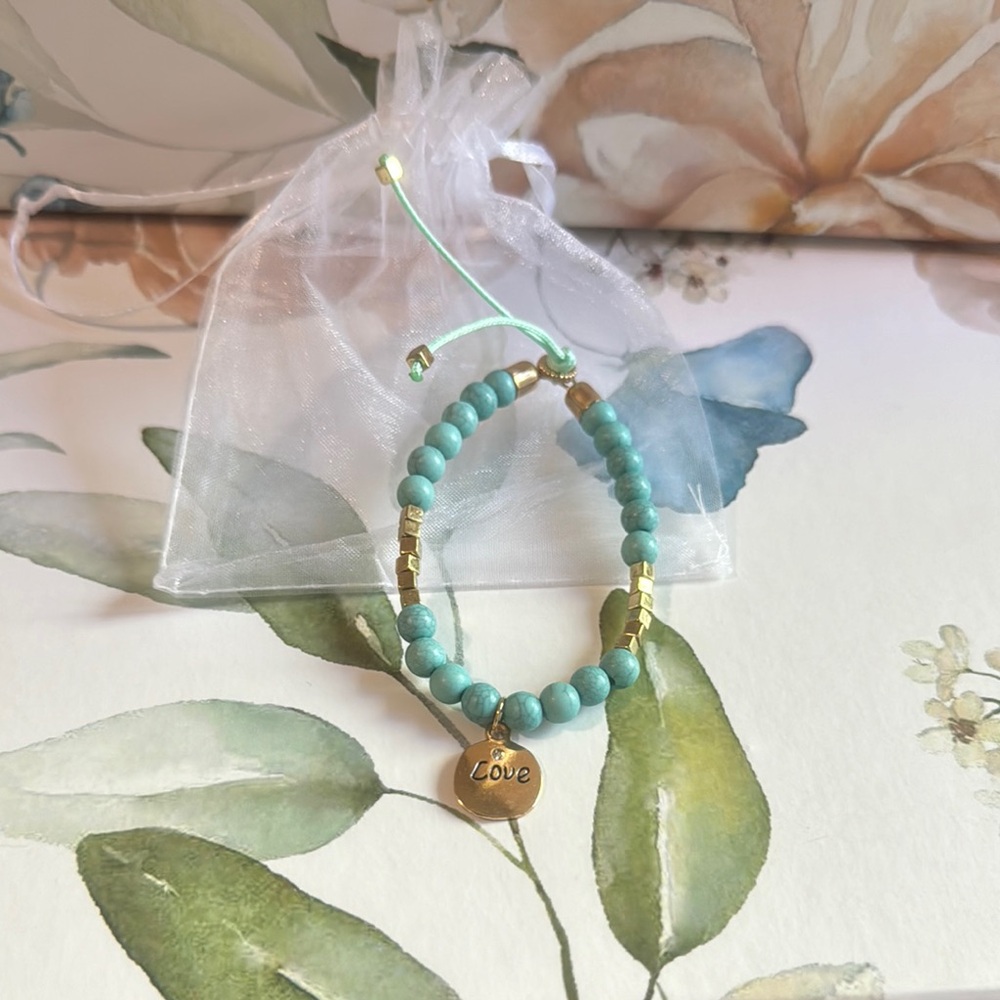 Turquoise and Gold Beaded Bracelet with Heart Charm